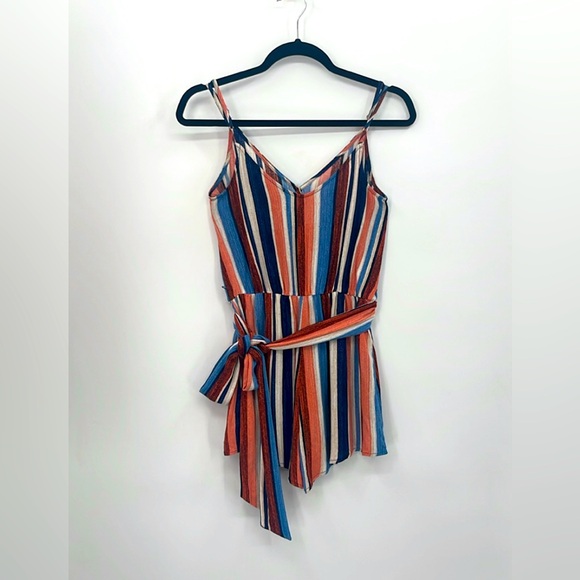 LULU’S Angelene Blue and Orange Striped Sleeveless Romper - Picture 4 of 7